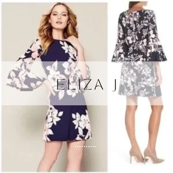 Eliza J Dresses & Skirts - Eliza J Navy Floral Bell Sleeve Dress